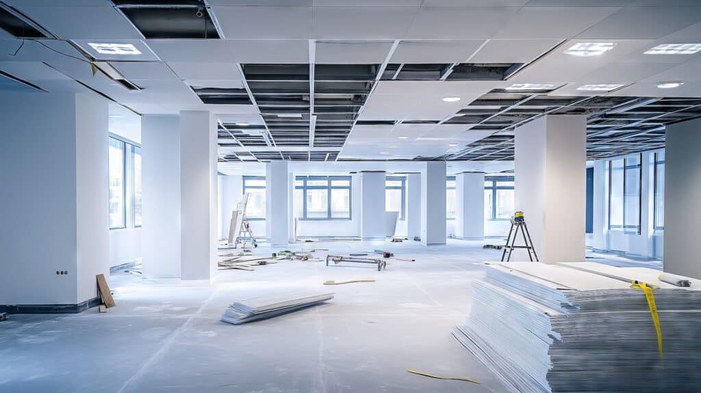 Office space mid-refurbishment with suspended ceiling installation and modern partitions – enhancing an existing workspace for hybrid working