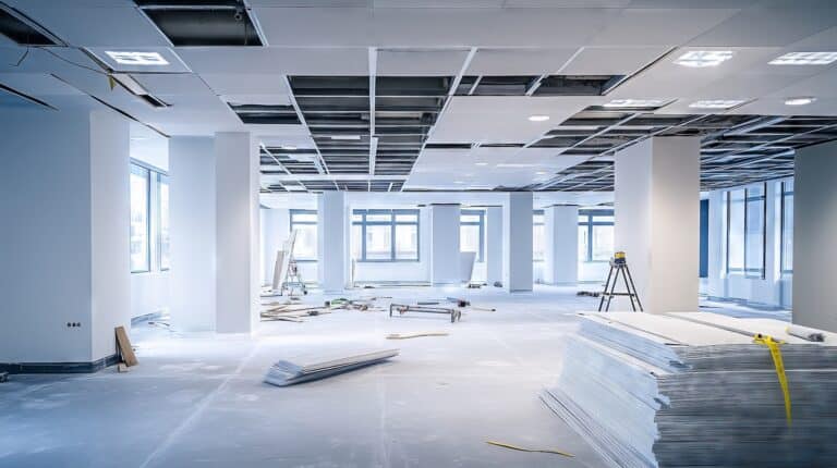 Office space mid-refurbishment with suspended ceiling installation and modern partitions – enhancing an existing workspace for hybrid working