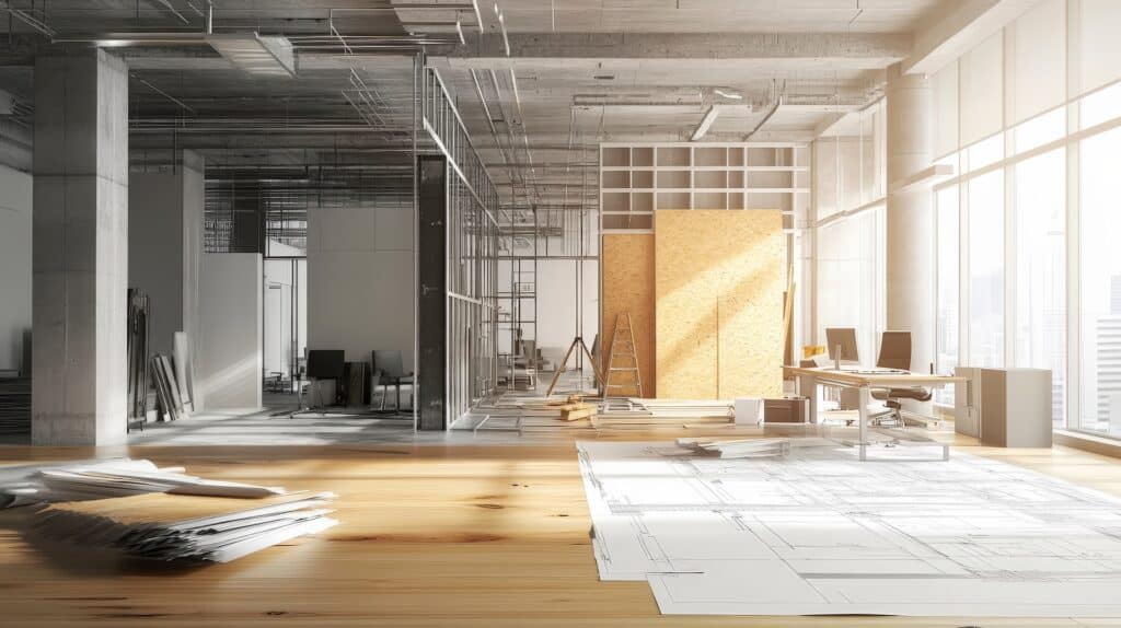 Office undergoing full fit-out with floor plans, raw interiors and layout planning – ideal for transforming shell spaces into functional workplaces