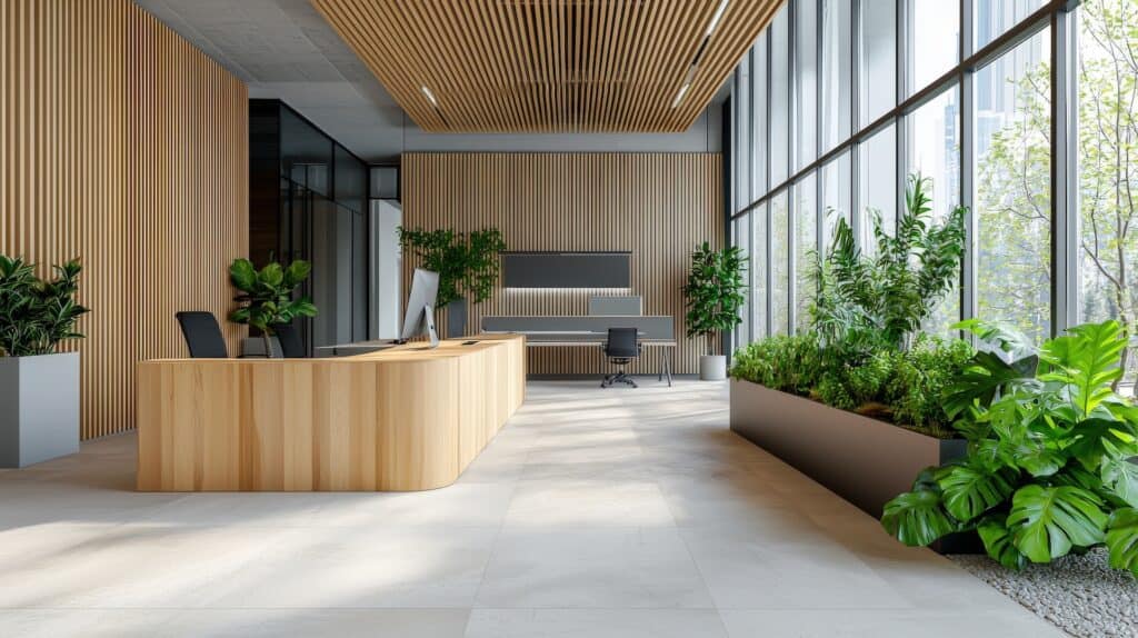 Modern sustainable office reception featuring natural wood slat ceiling, indoor plants and eco-friendly materials for commercial interior design