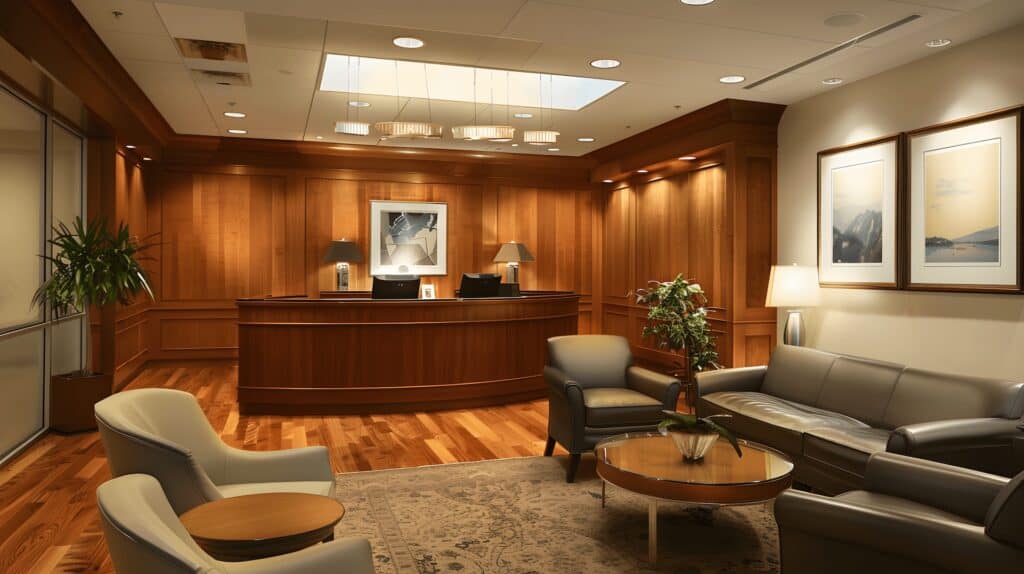 Luxury professional services reception area with wood panelling and leather seating for accountancy and law firm client confidence