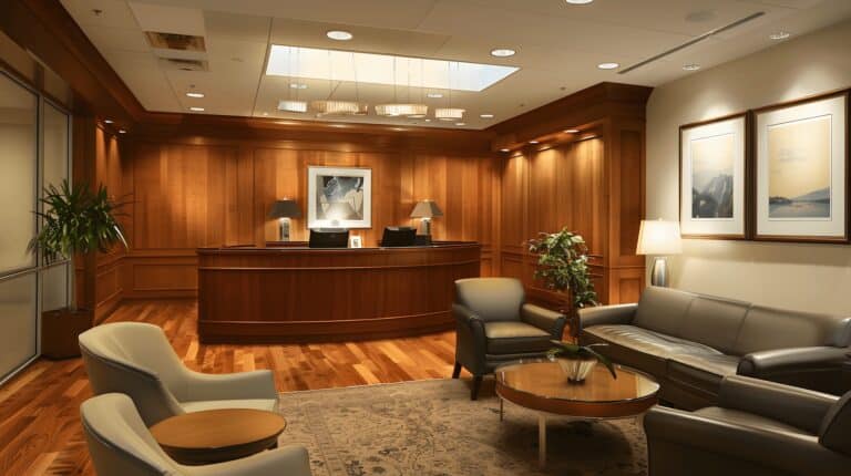 Luxury professional services reception area with wood panelling and leather seating for accountancy and law firm client confidence